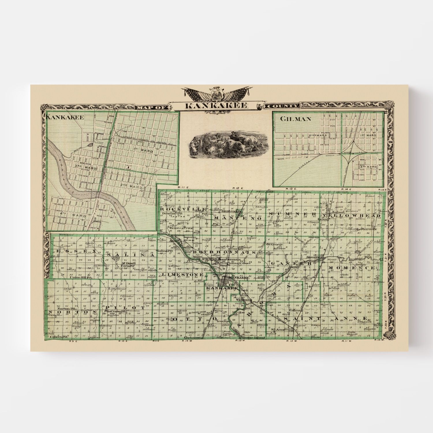 Vintage Map of Kankakee County, Illinois 1876