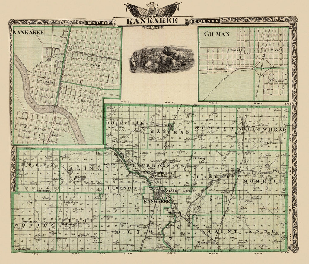 Vintage Map of Kankakee County, Illinois 1876