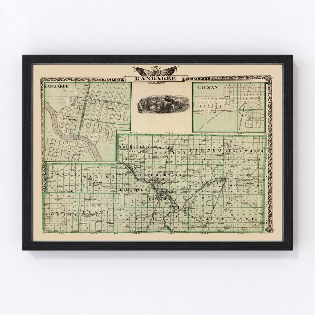 Vintage Map of Kankakee County, Illinois 1876