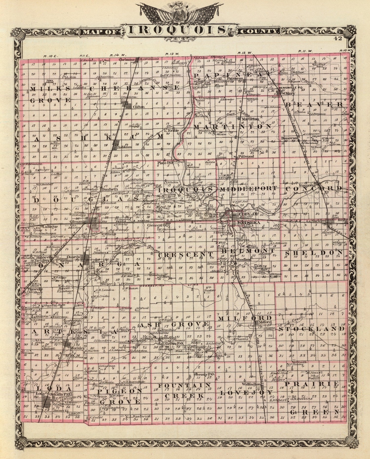 Vintage Map of Iroquois County, Illinois 1876
