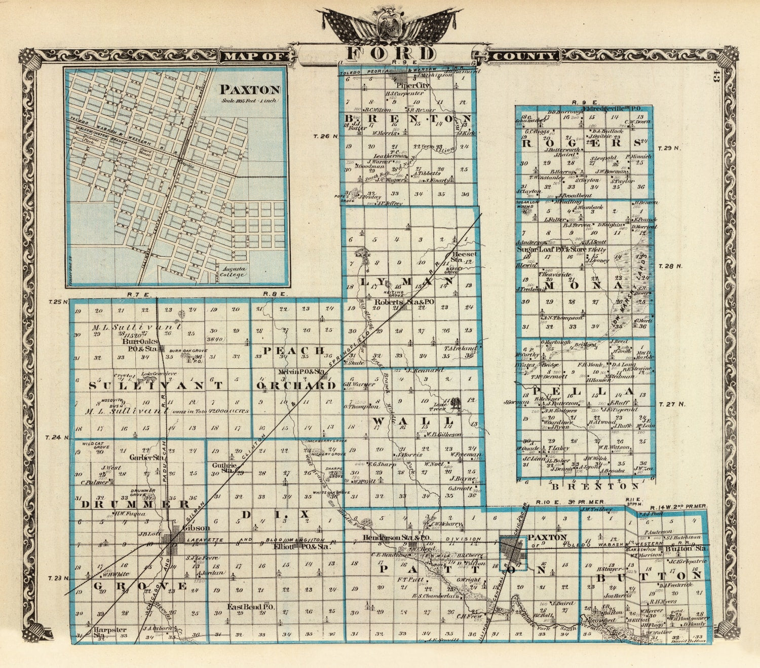Vintage Map of Ford County, Illinois 1876