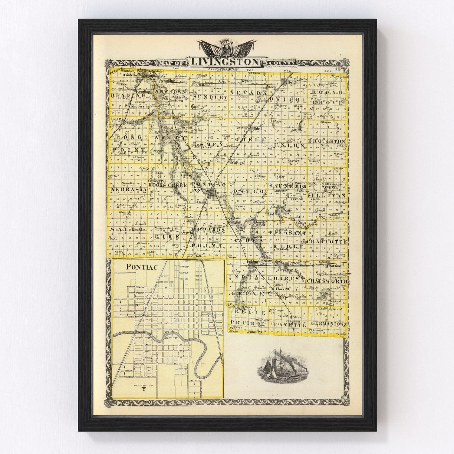 Vintage Map of Livingston County, Illinois 1876