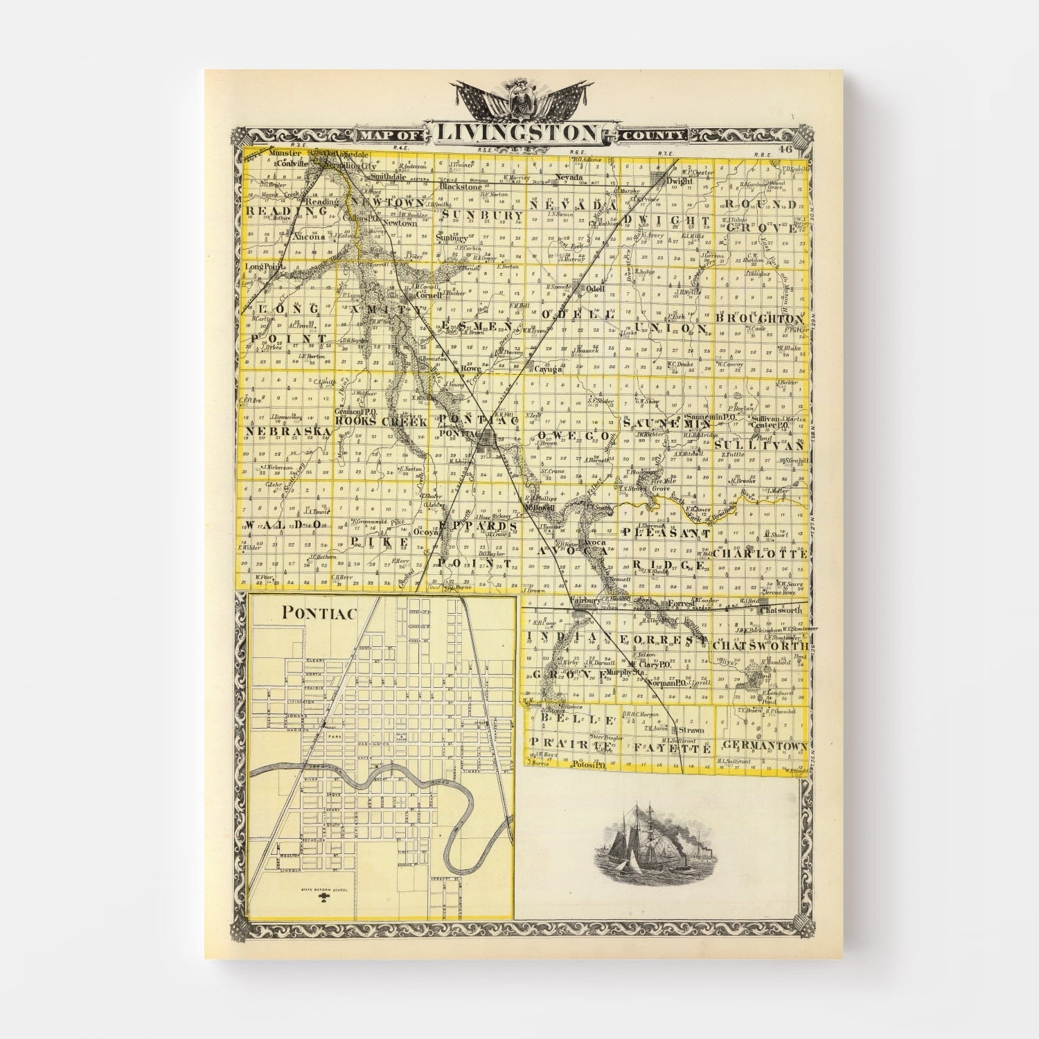 Vintage Map of Livingston County, Illinois 1876