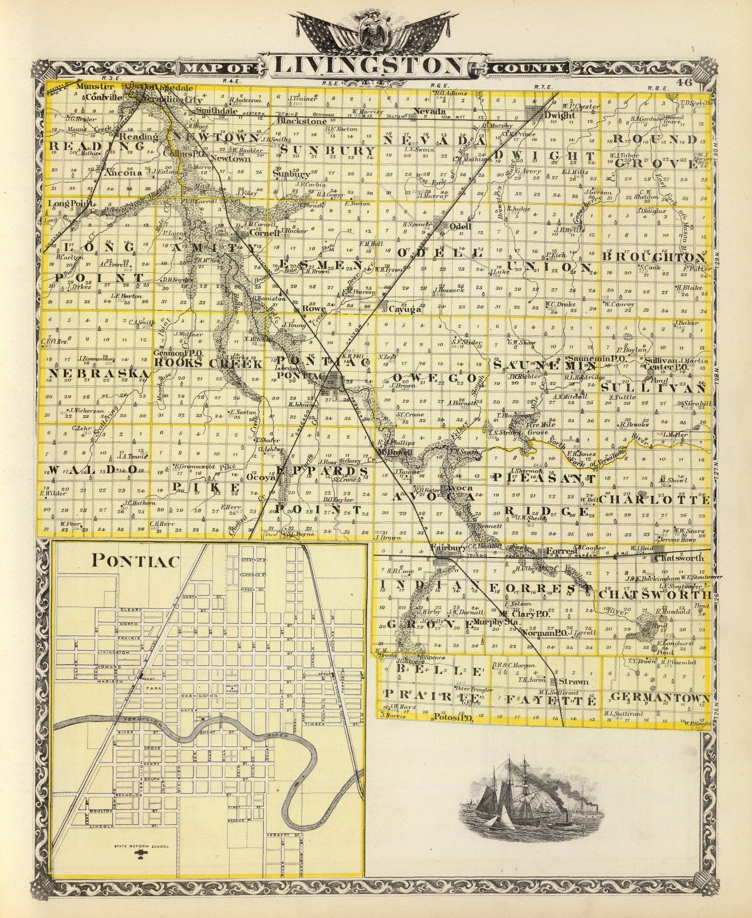 Vintage Map of Livingston County, Illinois 1876