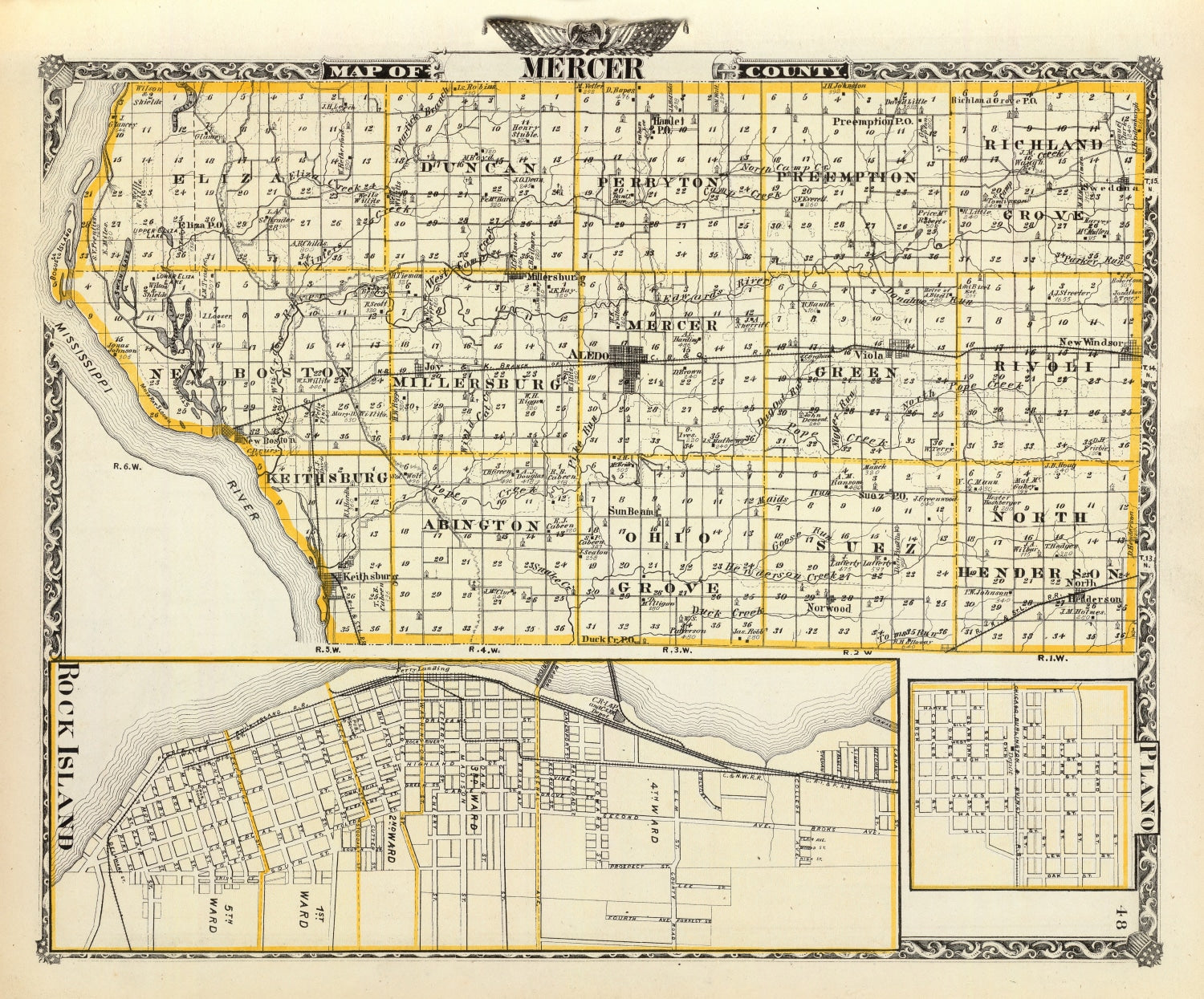 Vintage Map of Mercer County, Illinois 1876