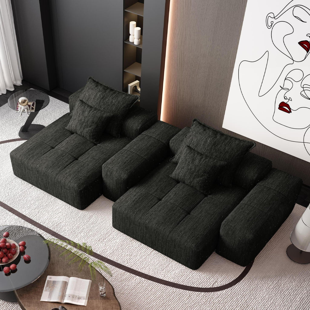 Modern Oversized Modular Sectional Sofa with 2 Chaise Lounge and 2 Armrest, Sparkling Chenille Fabric Soft Cushion Sofa with 4 Pillows, 4 PCS DIY Combination Tufted Sofa, No Assembly Required, BLACK