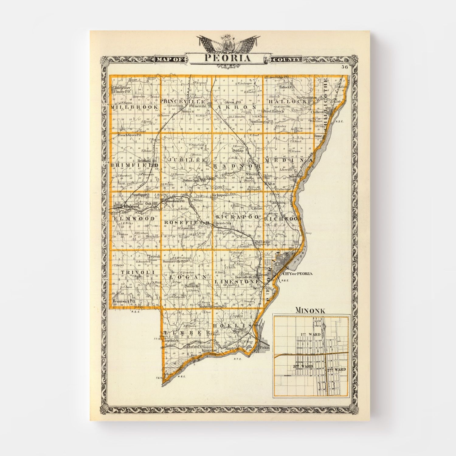 Vintage Map of Peoria County, Illinois 1876