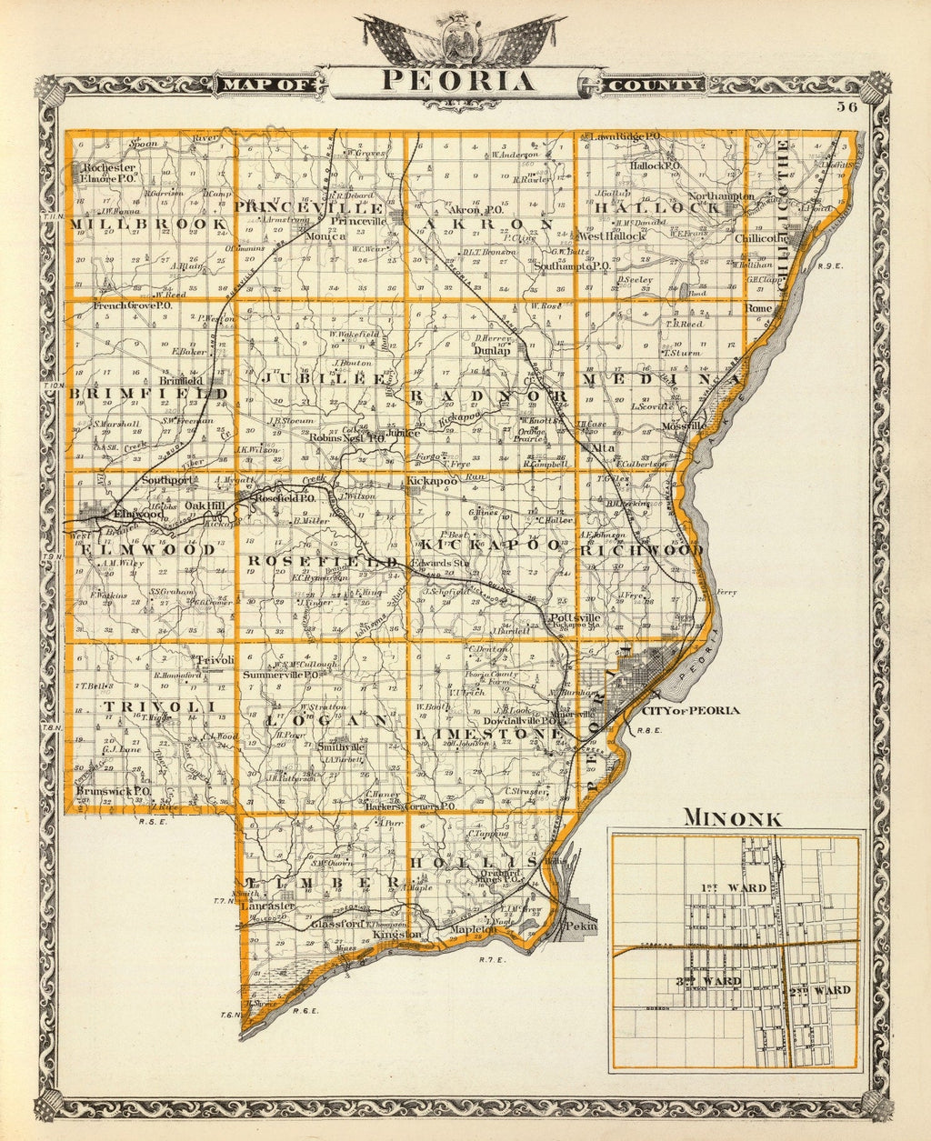 Vintage Map of Peoria County, Illinois 1876