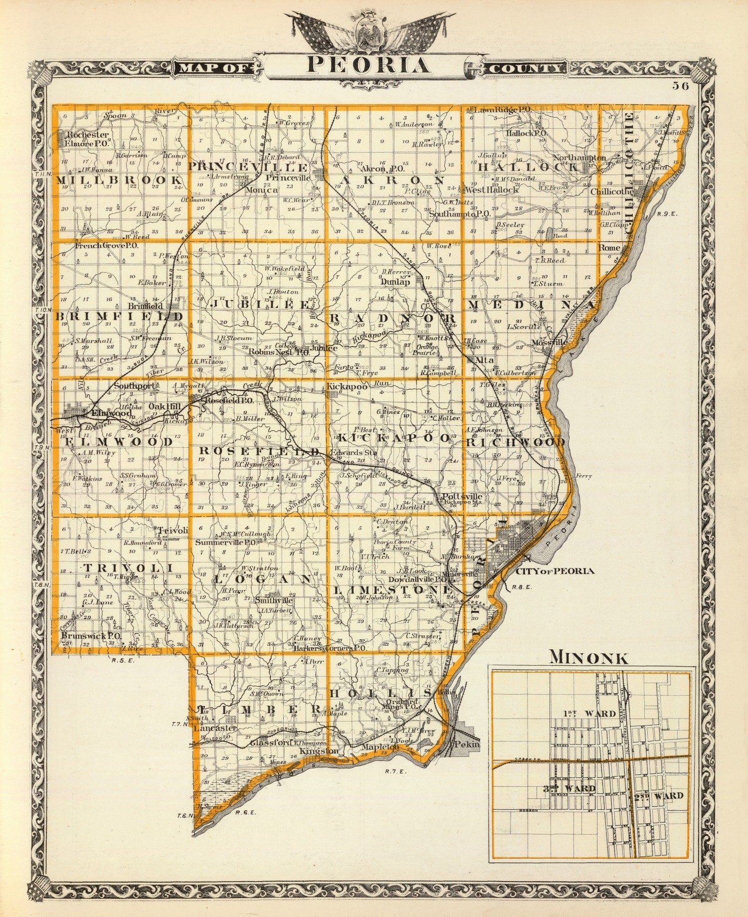 Vintage Map of Peoria County, Illinois 1876