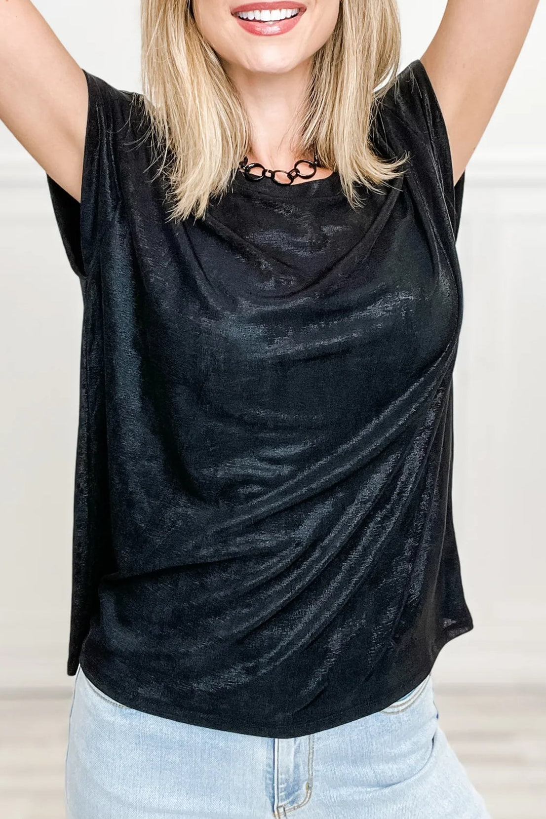 Metallic Round Neck Cap Sleeve Tee