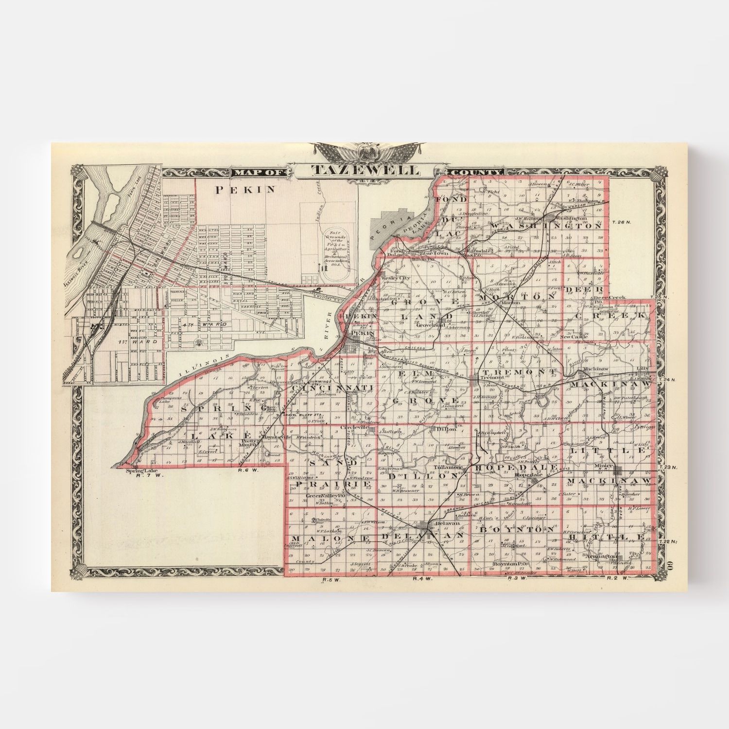 Vintage Map of Tazewell County, Illinois 1876