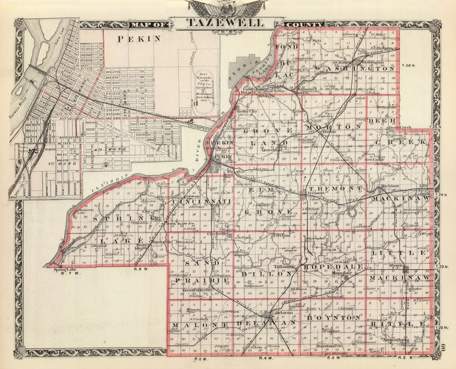 Vintage Map of Tazewell County, Illinois 1876