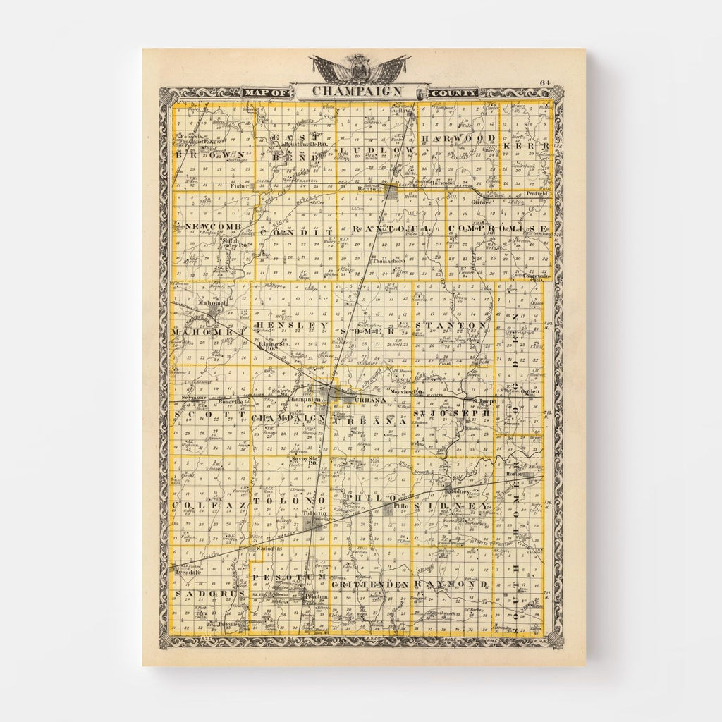 Vintage Map of Champaign County, Illinois 1876