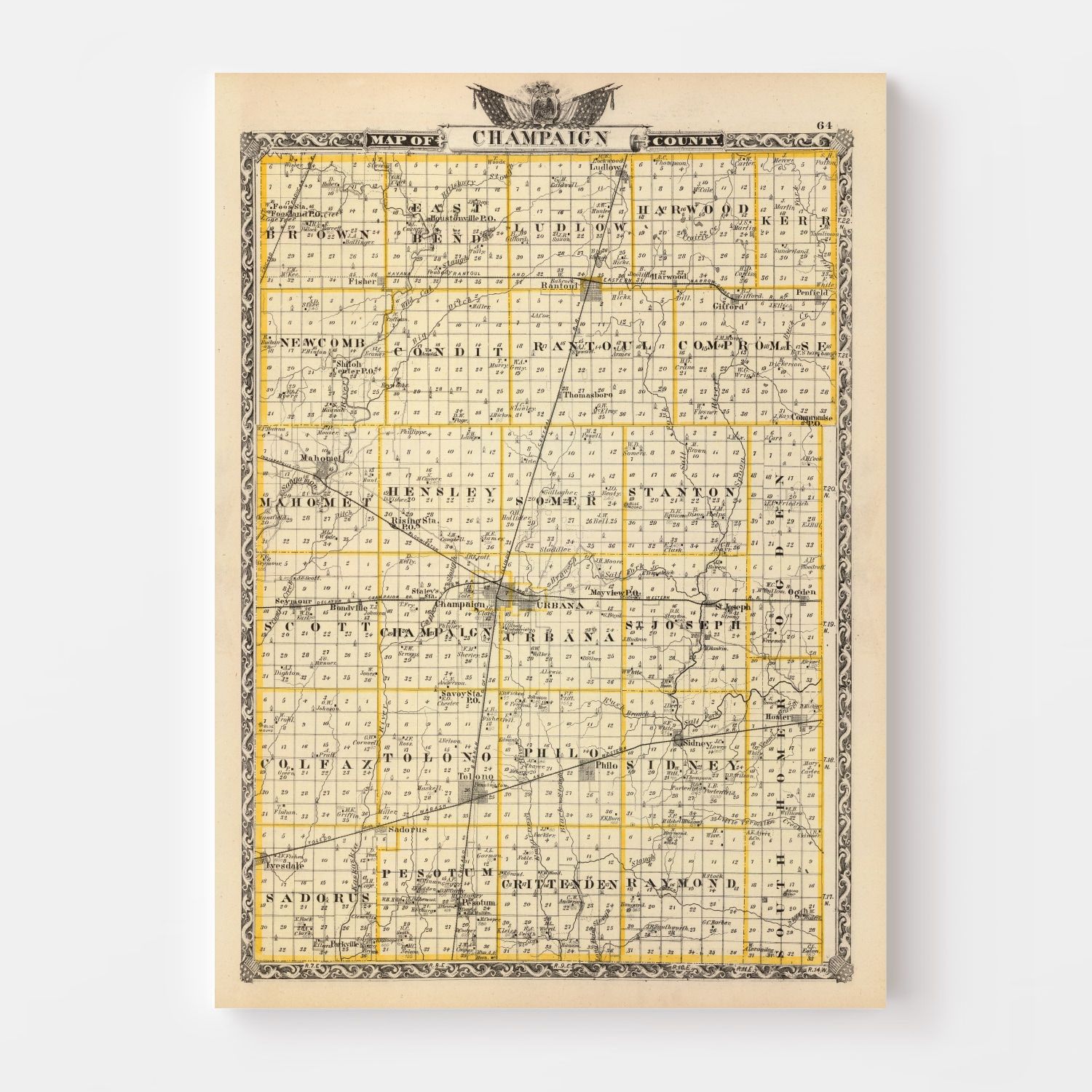 Vintage Map of Champaign County, Illinois 1876