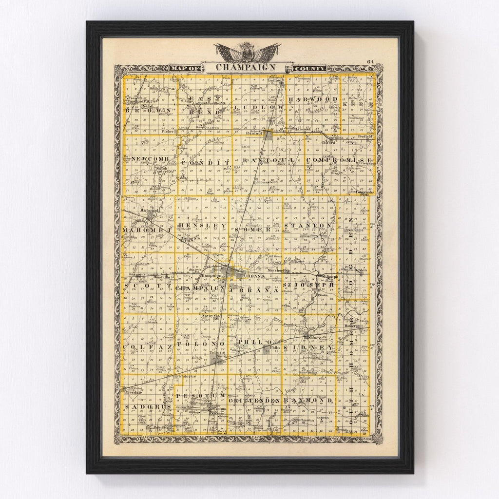 Vintage Map of Champaign County, Illinois 1876
