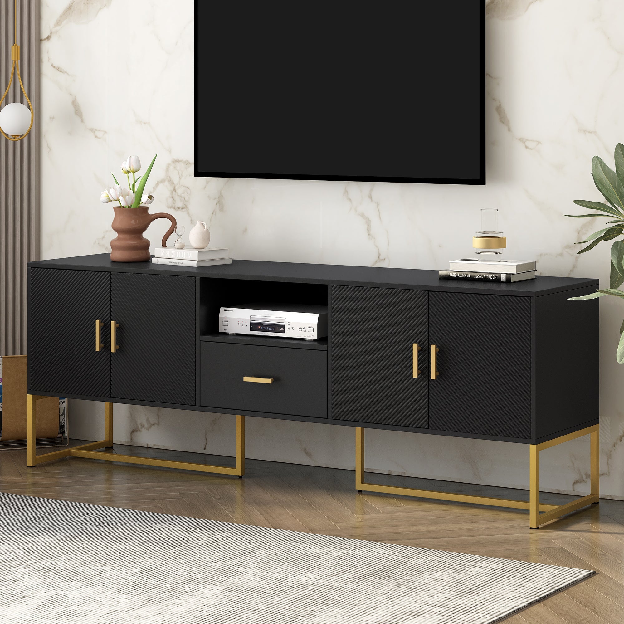 U-Can Modern TV Stand for TV up to 70 Inches,TV Cabinet with 1 Drawer, 2 Cabinets and Metal Legs, Handles and Anti-tip Device for Living room