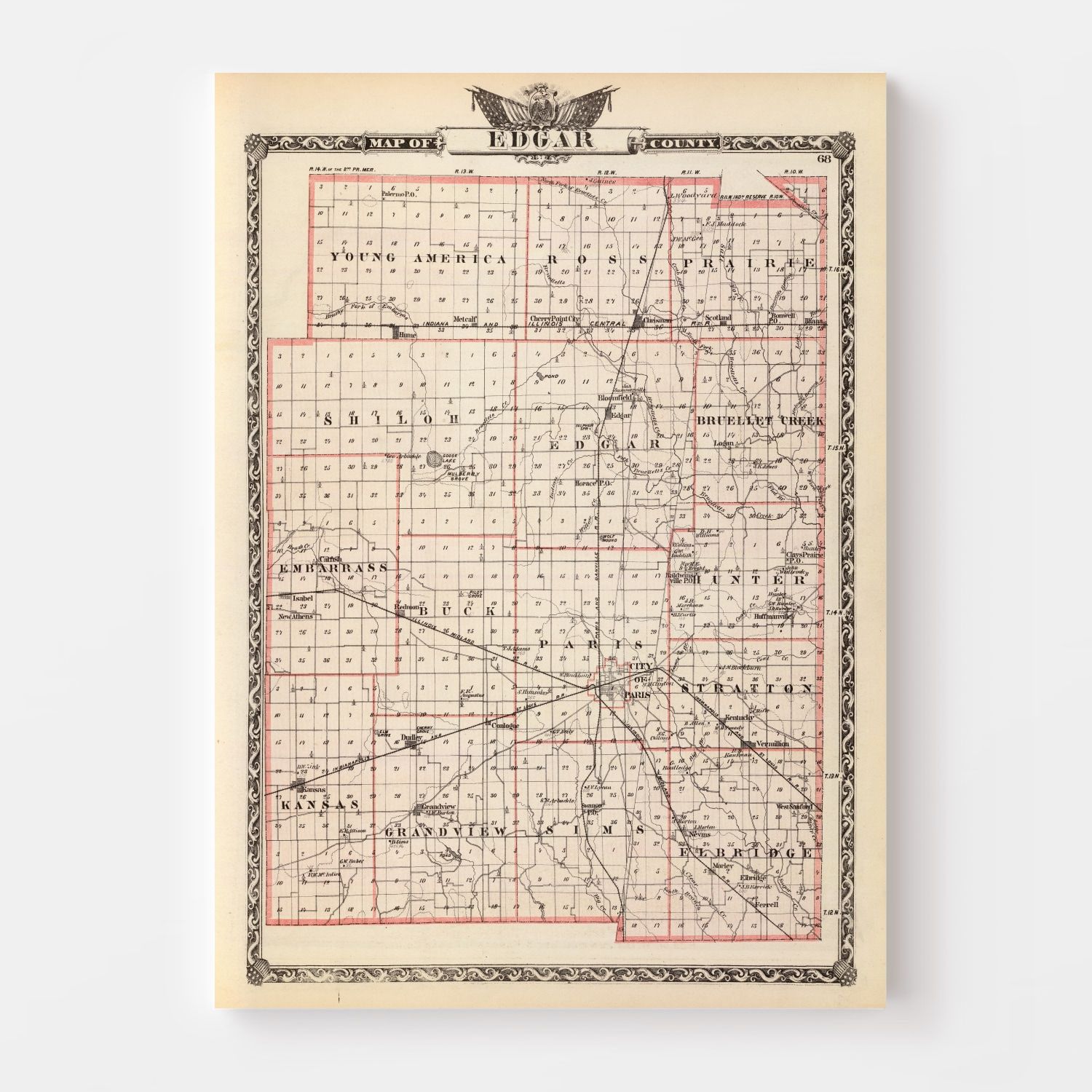 Vintage Map of Edgar County, Illinois 1876