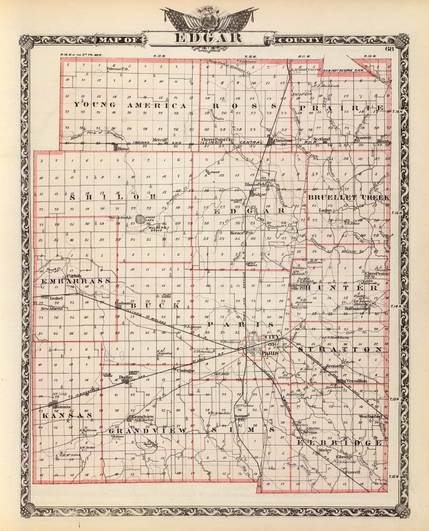 Vintage Map of Edgar County, Illinois 1876