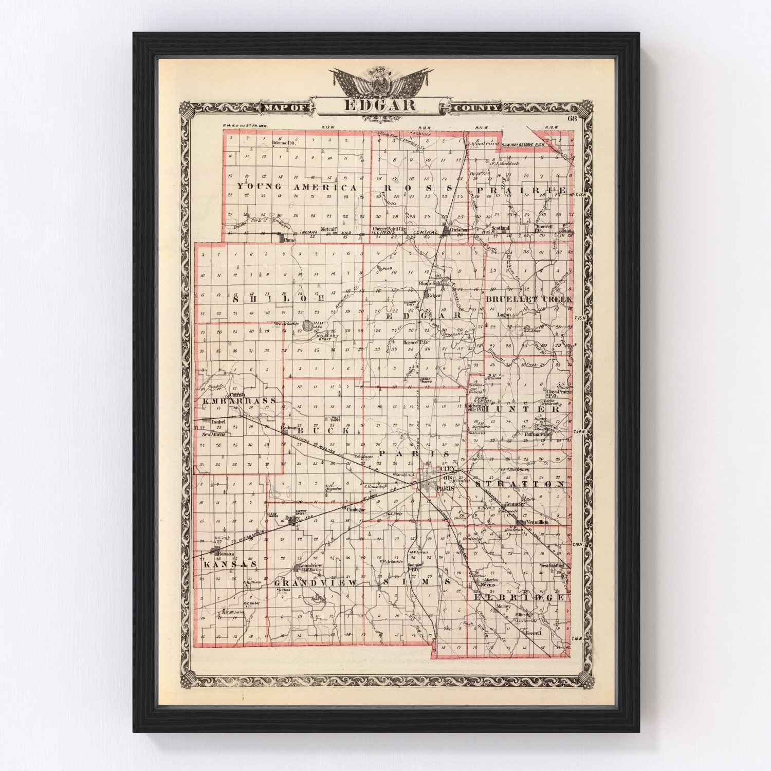 Vintage Map of Edgar County, Illinois 1876
