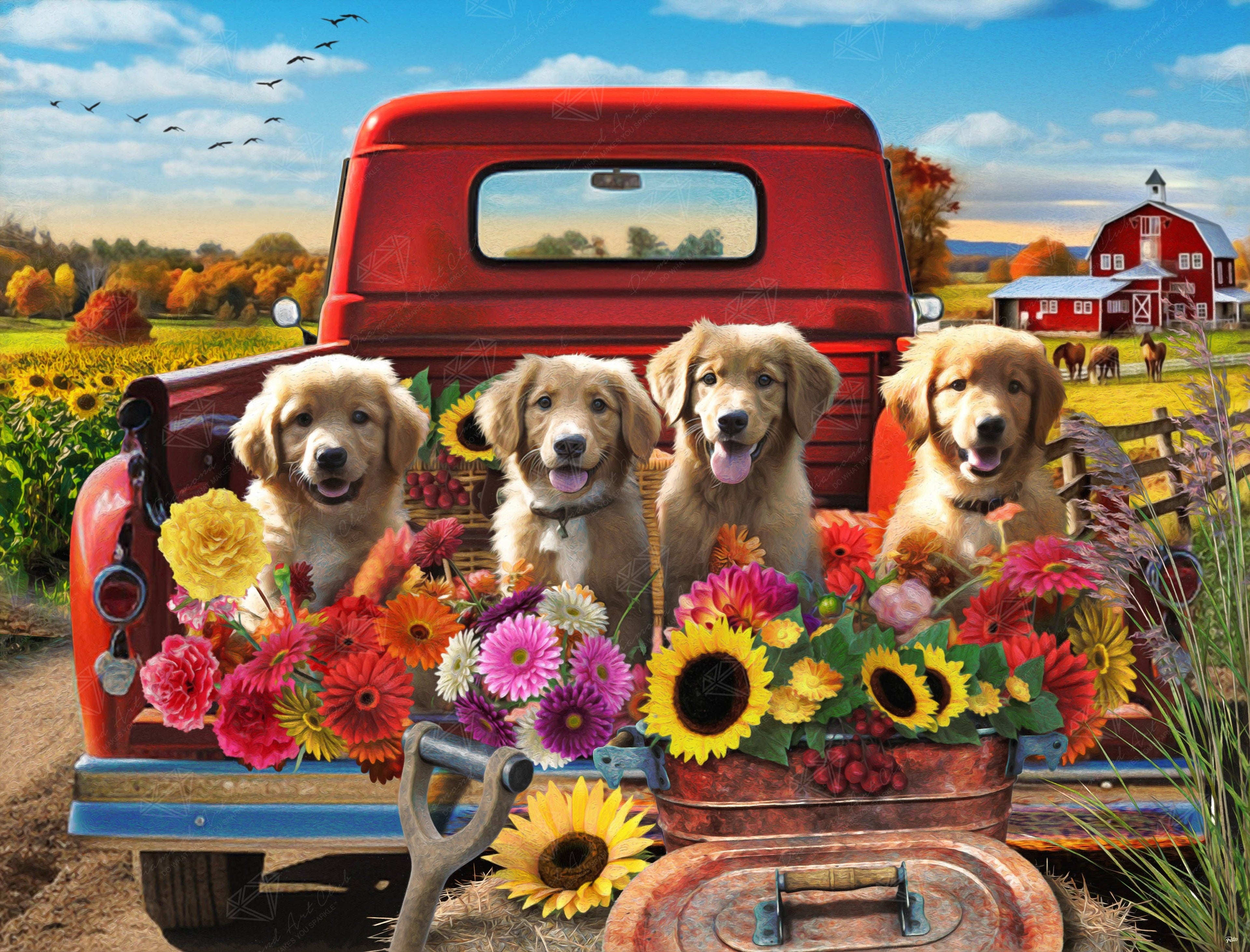 Diamond Art Club – Puppies and Flowers Diamond Painting (Square Drill, 36.2" x 27.6")
