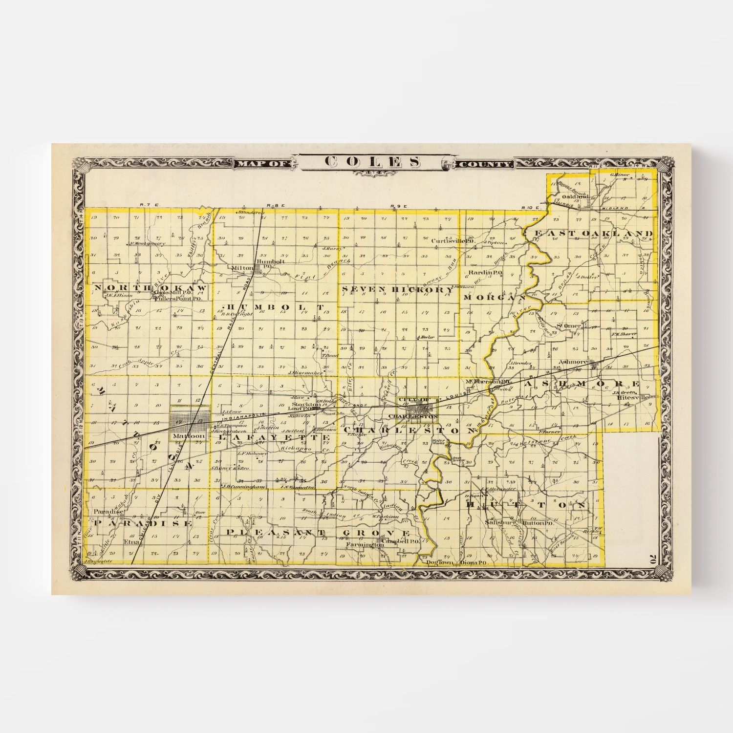 Vintage Map of Coles County, Illinois 1876
