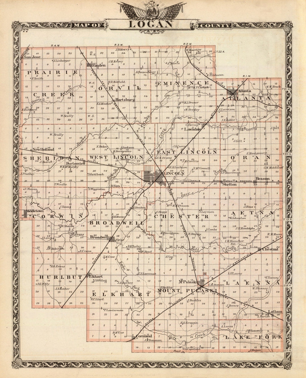 Vintage Map of Logan County, Illinois 1876