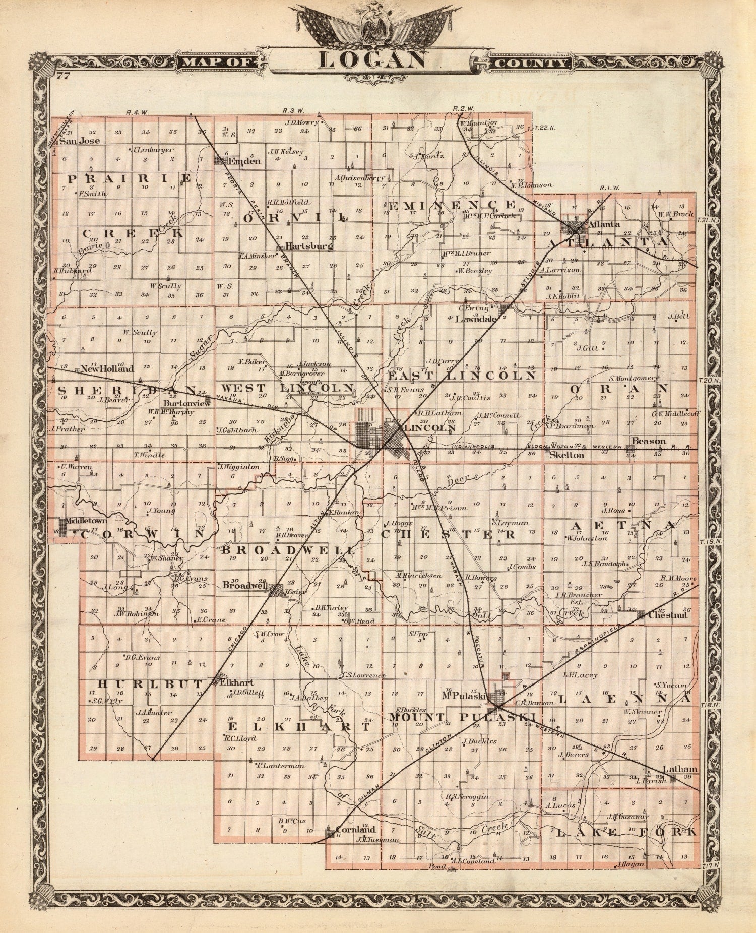 Vintage Map of Logan County, Illinois 1876