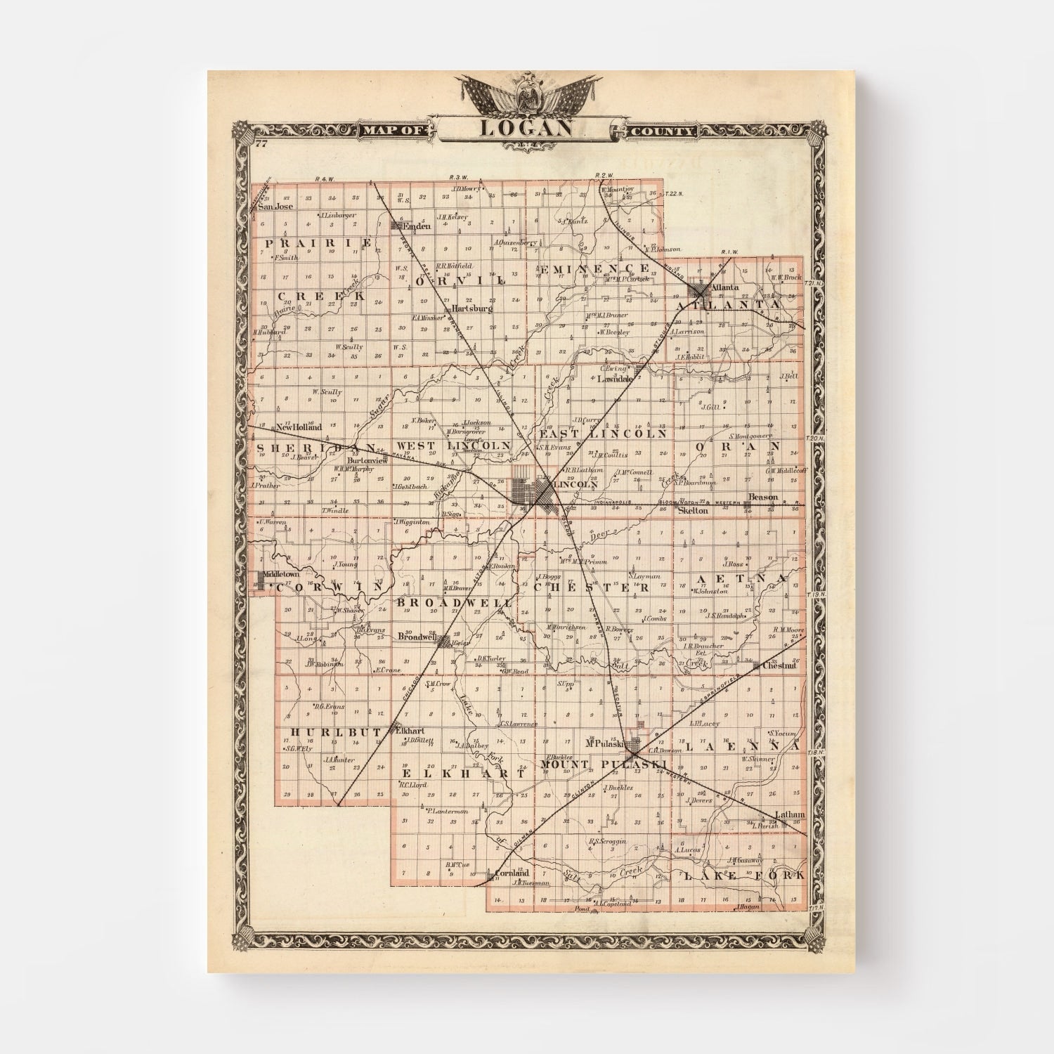 Vintage Map of Logan County, Illinois 1876
