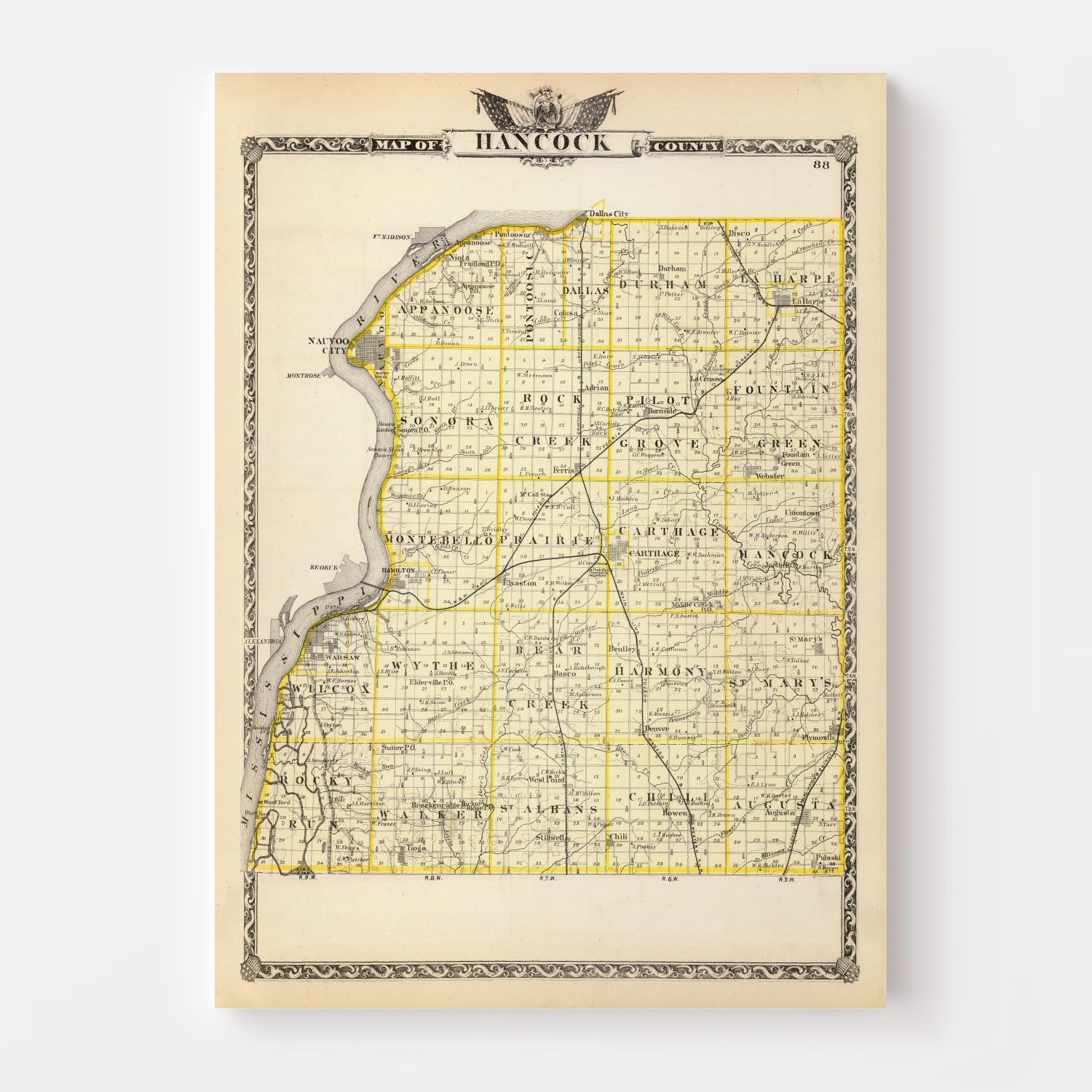 Vintage Map of Hancock County, Illinois 1876