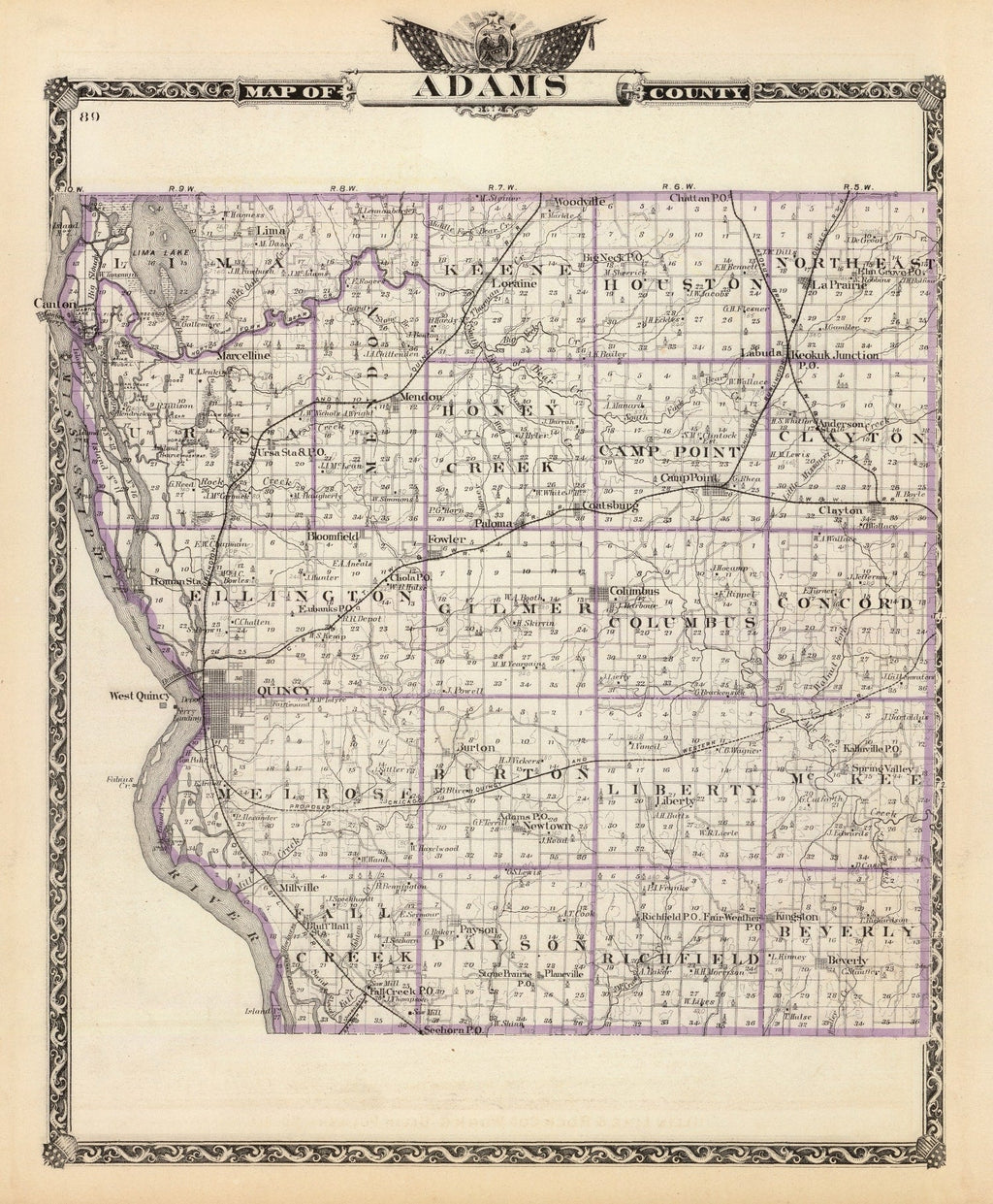 Vintage Map of Adams County, Illinois 1876