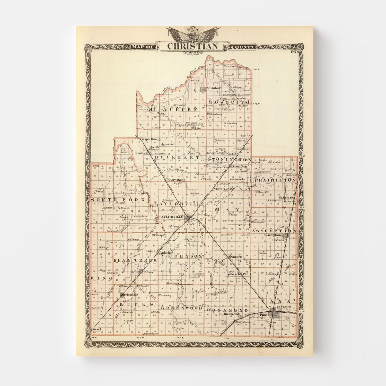 Vintage Map of Christian County, Illinois 1876