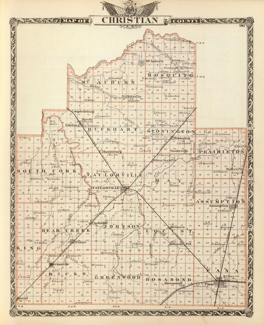 Vintage Map of Christian County, Illinois 1876
