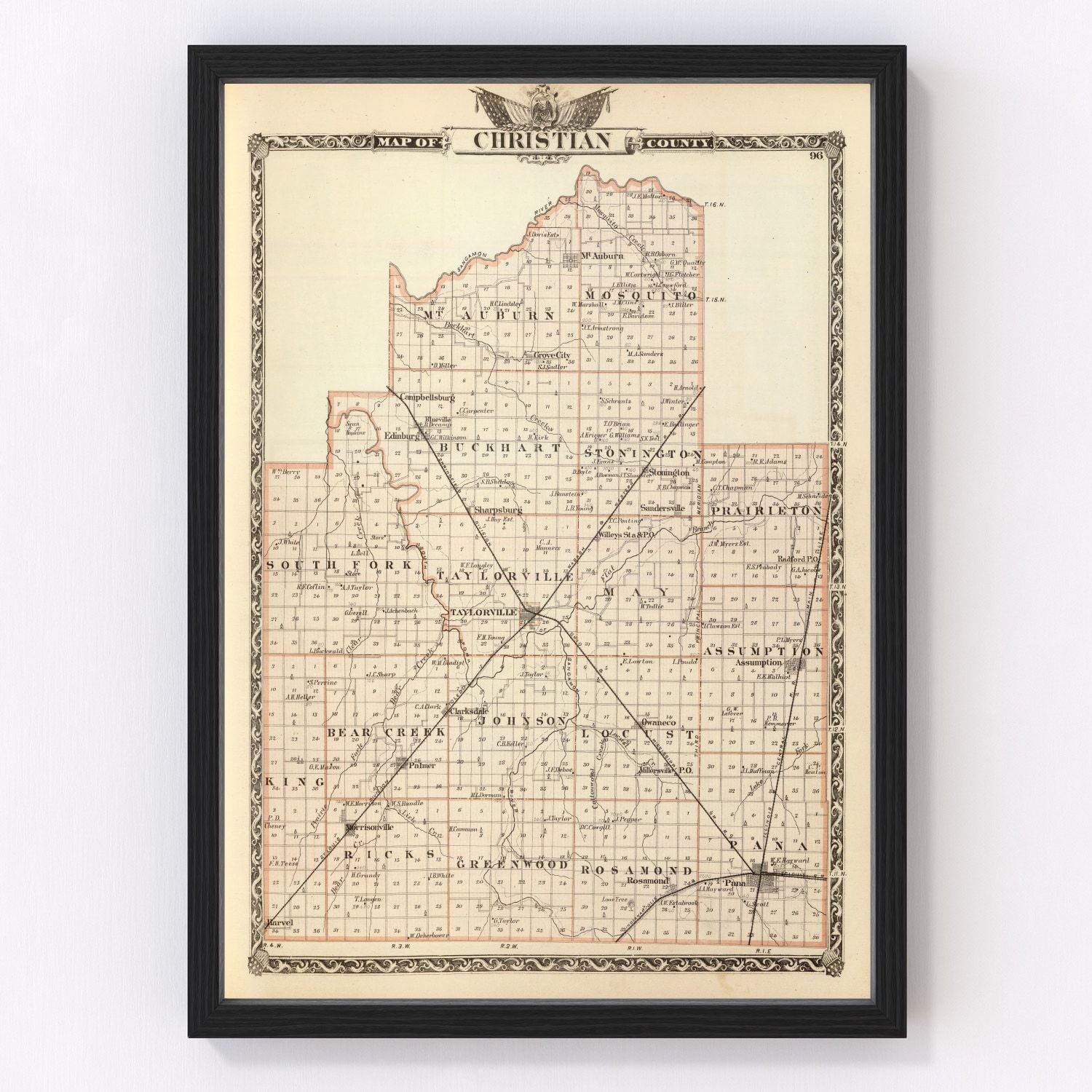 Vintage Map of Christian County, Illinois 1876