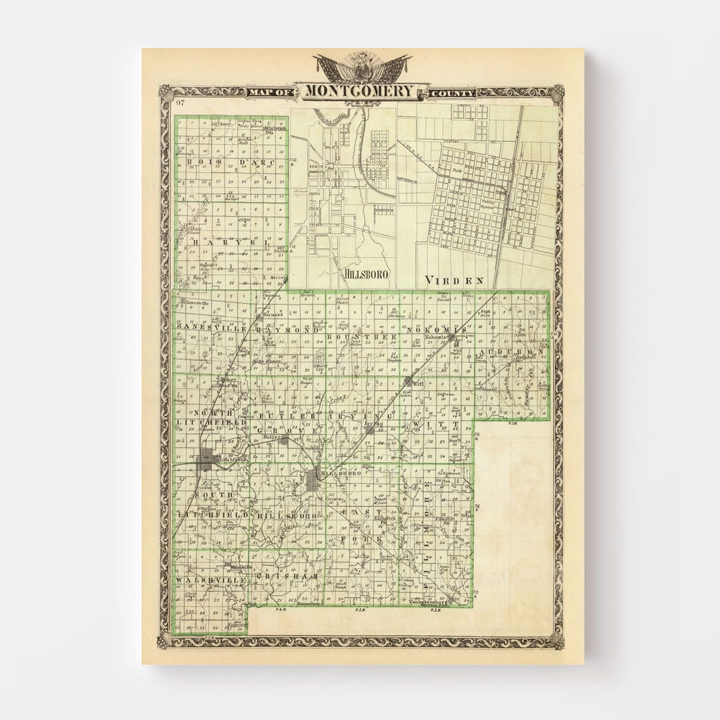 Vintage Map of Montgomery County, Illinois 1876