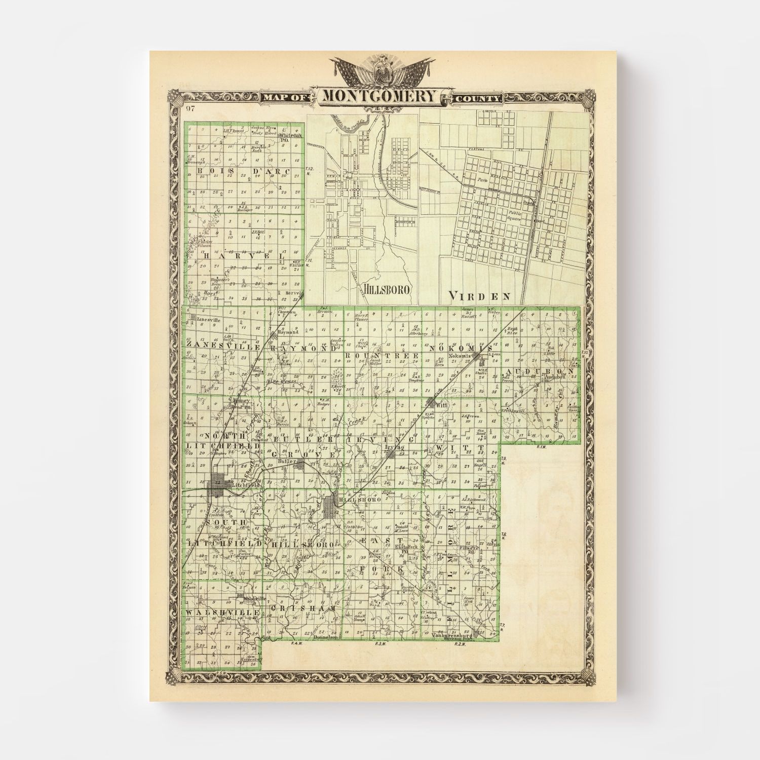 Vintage Map of Montgomery County, Illinois 1876