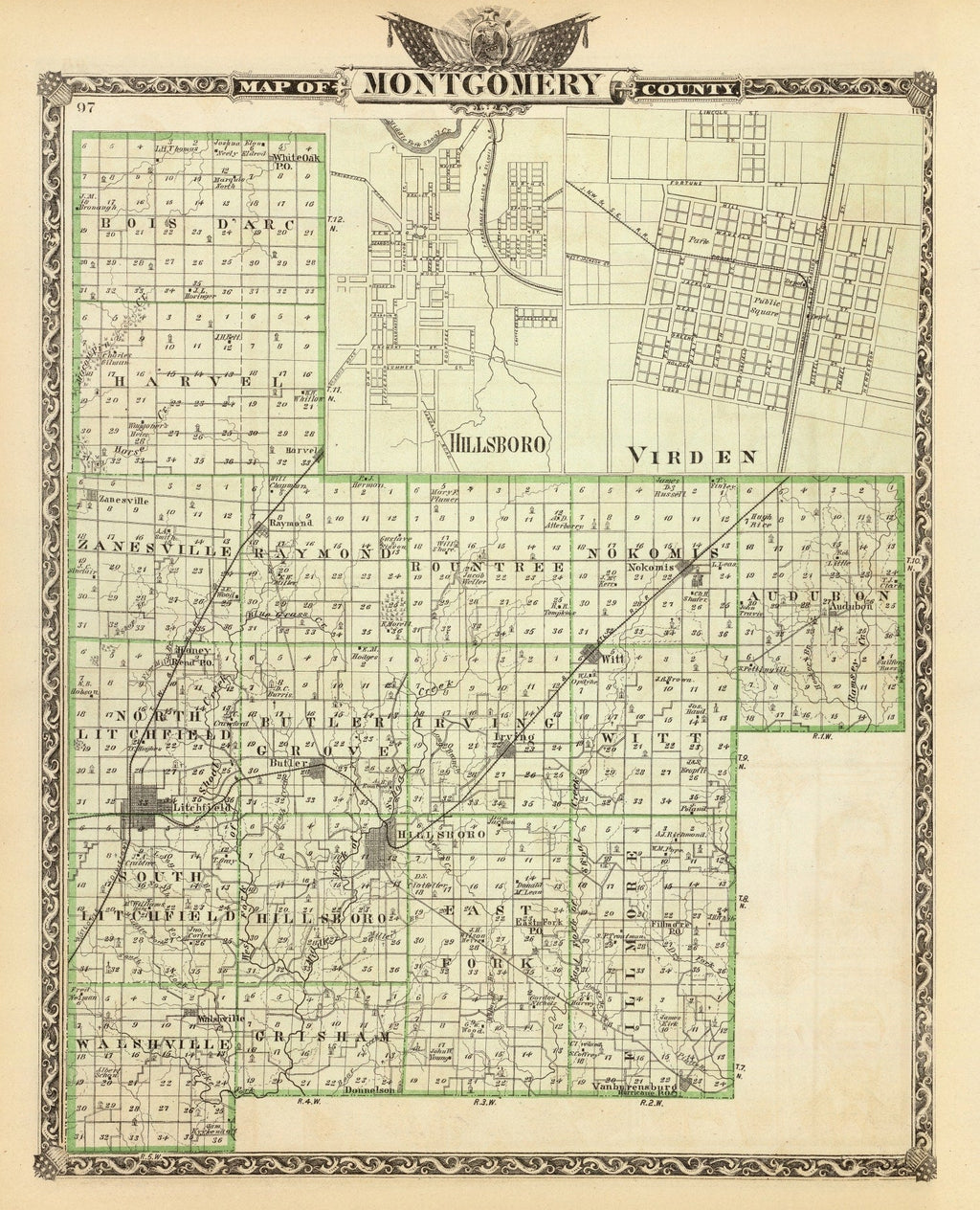 Vintage Map of Montgomery County, Illinois 1876