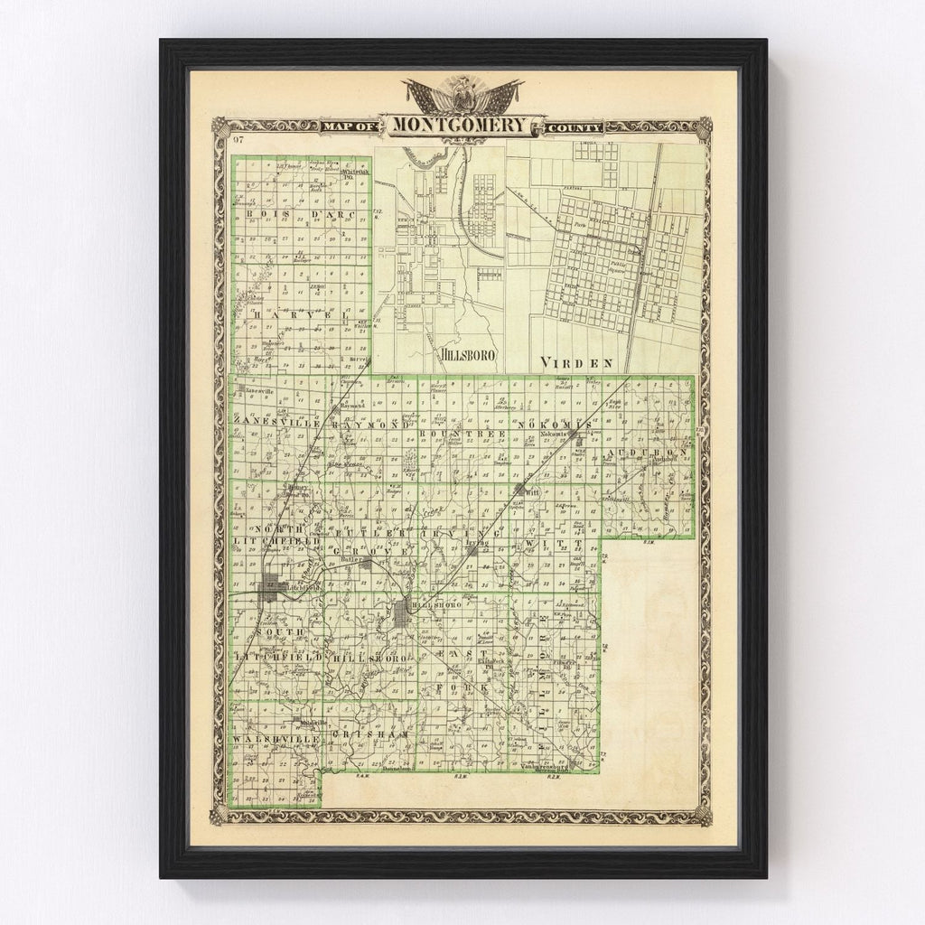 Vintage Map of Montgomery County, Illinois 1876