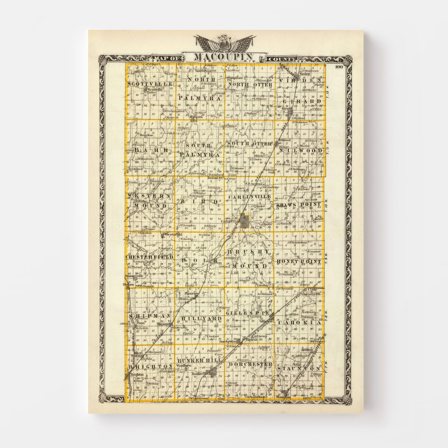 Vintage Map of Macoupin County, Illinois 1876