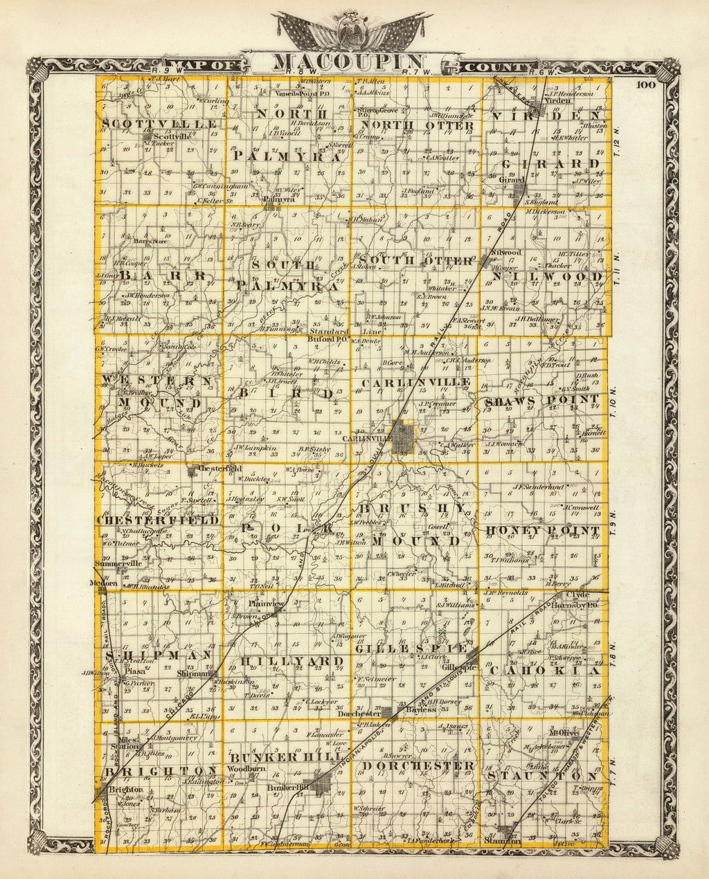 Vintage Map of Macoupin County, Illinois 1876