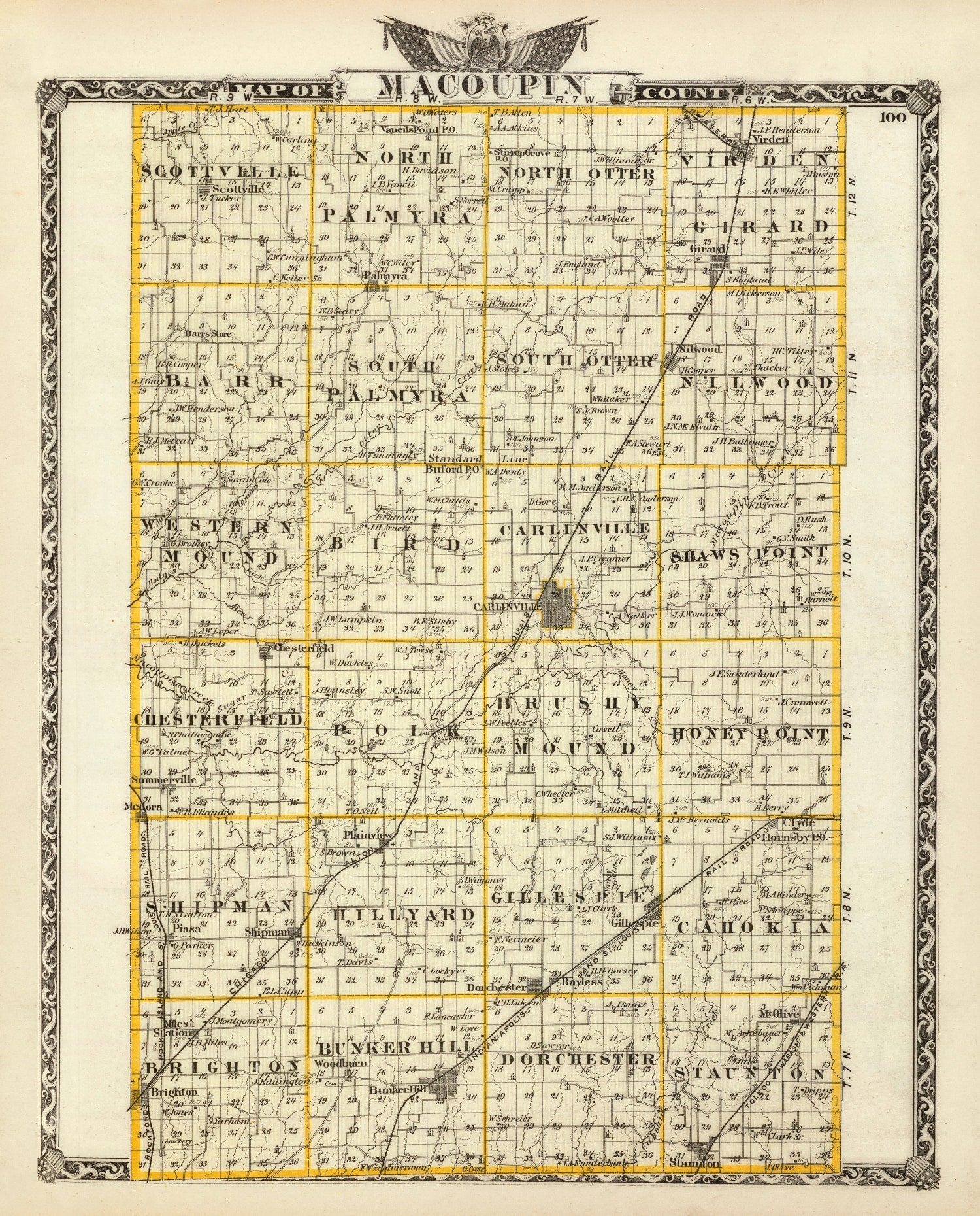 Vintage Map of Macoupin County, Illinois 1876