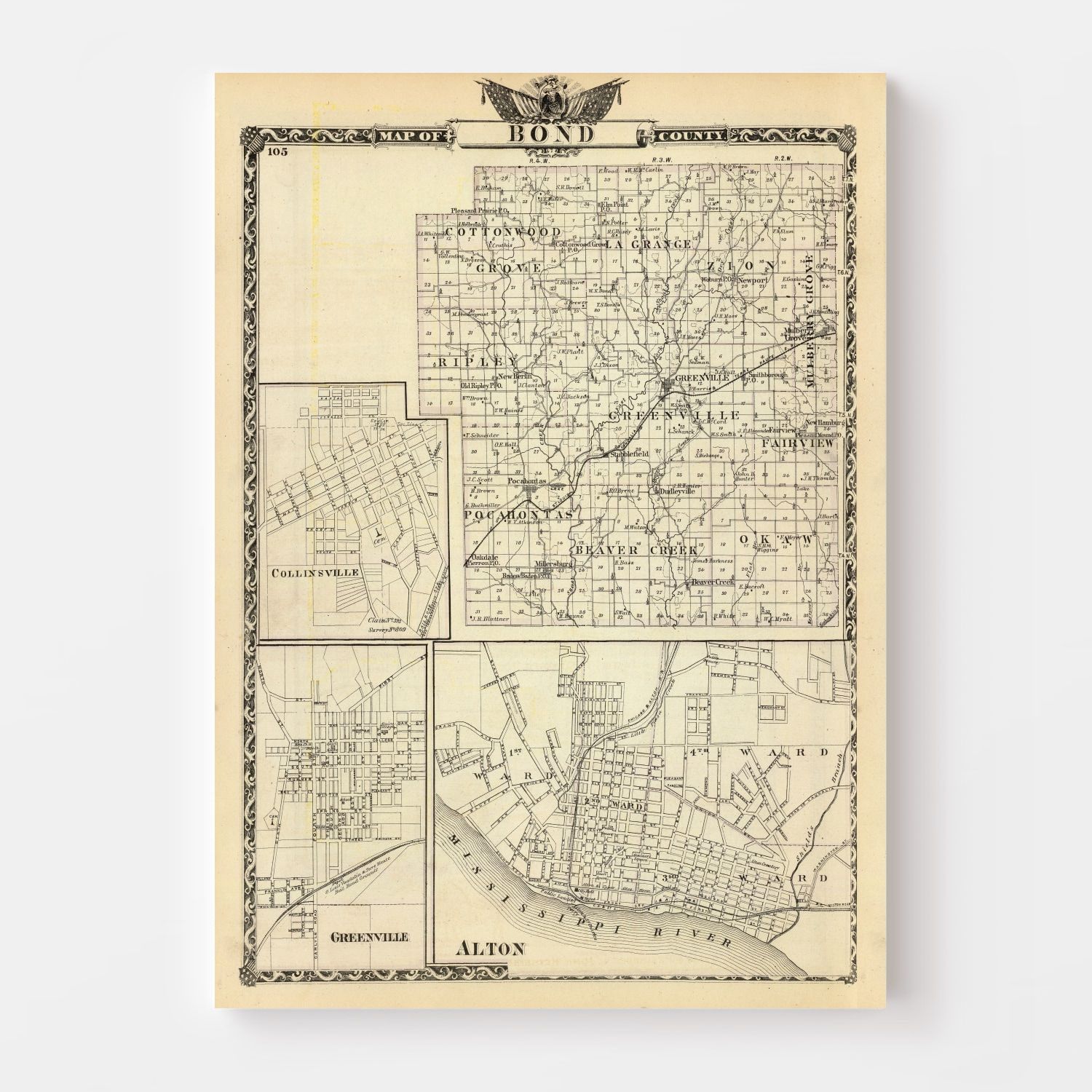 Vintage Map of Bond County, Illinois 1876