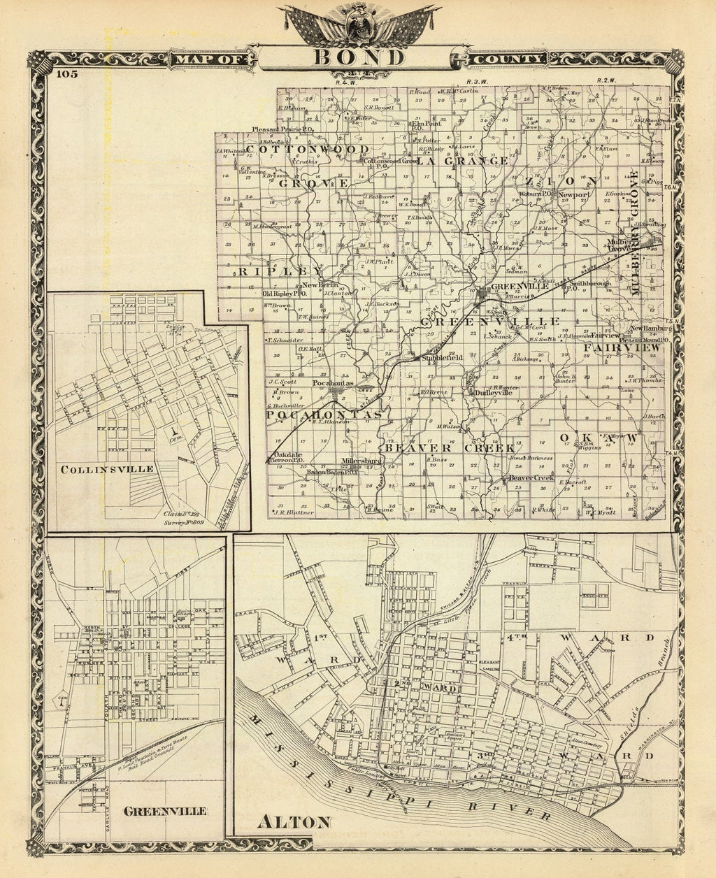 Vintage Map of Bond County, Illinois 1876