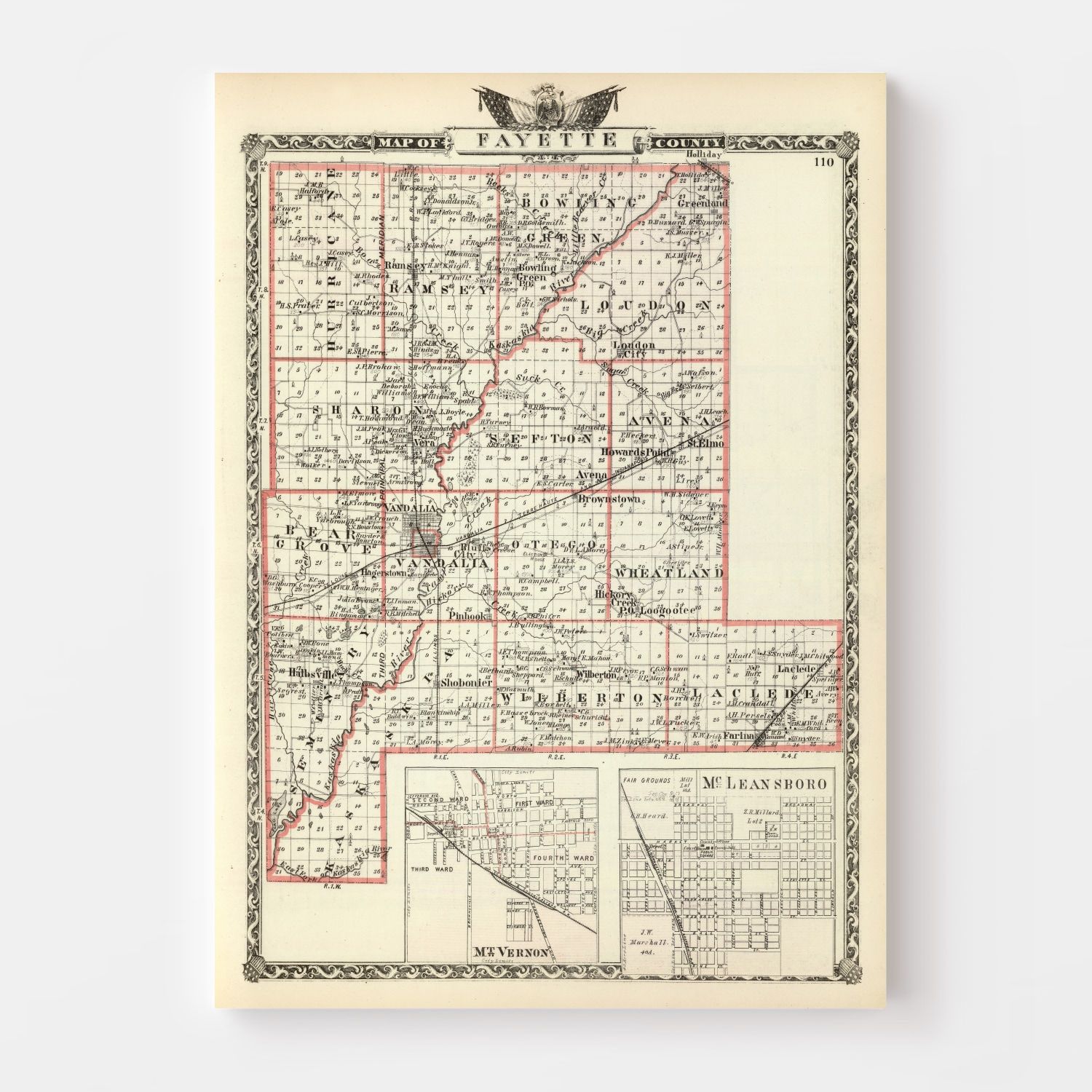 Vintage Map of Fayette County, Illinois 1876