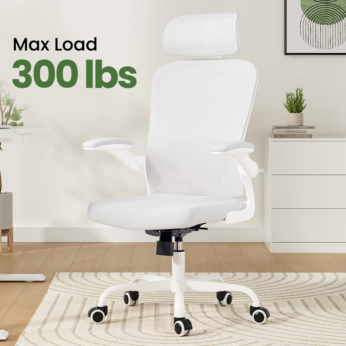 Ergonomic Office Chair, Home Office Desk Chair with Headrest, High Back Computer Chair with Armrests and Adjustable Lumbar Support for Home Office Study Room, White