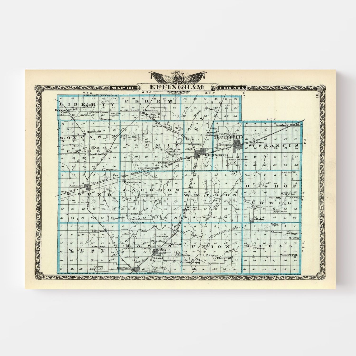 Vintage Map of Effingham County, Illinois 1876