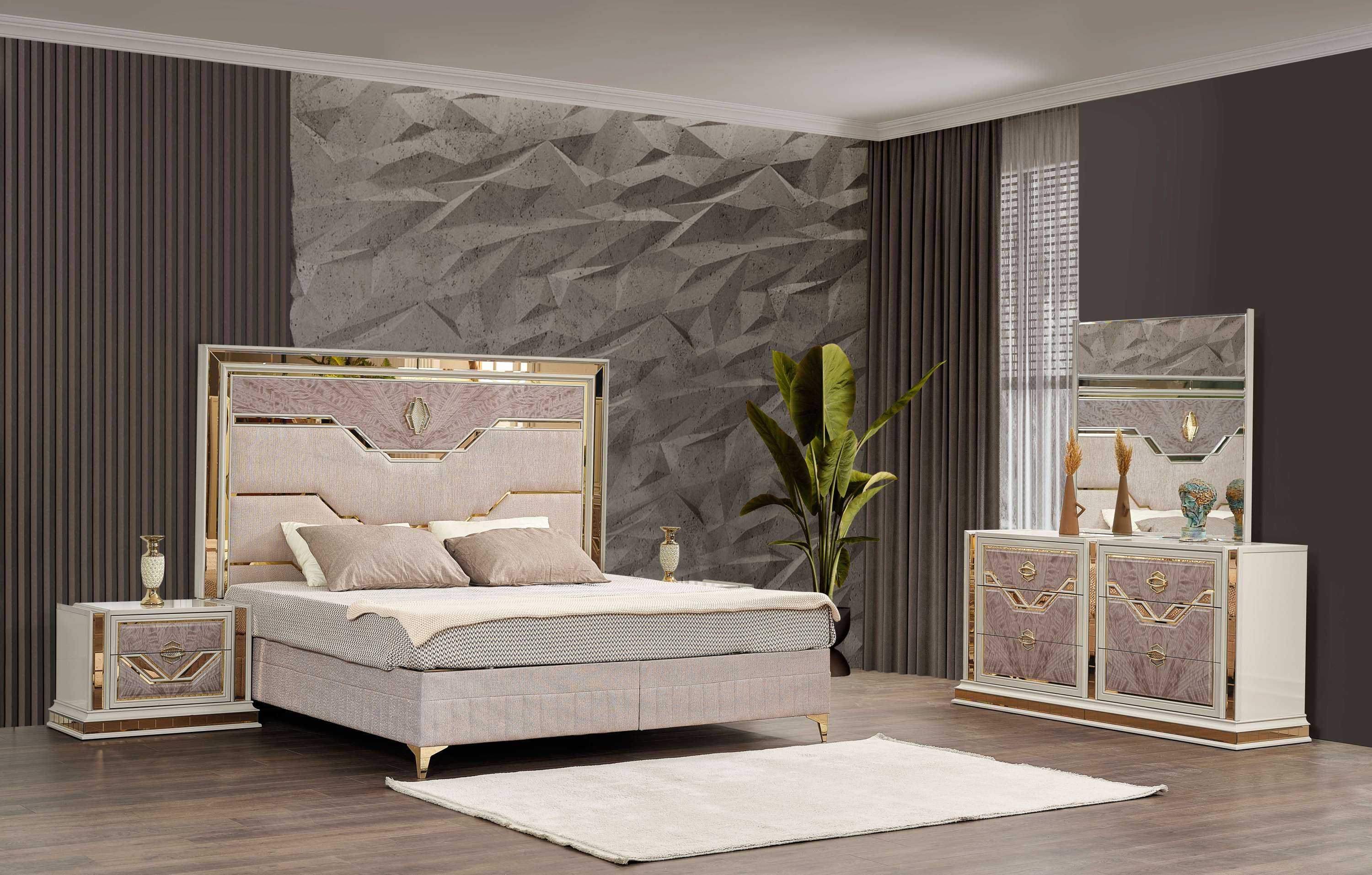 Omari Modern Style 4 Pc King Upholstered Bedroom Set Made with Wood and Gold Accents in Beige (CA Inventory)