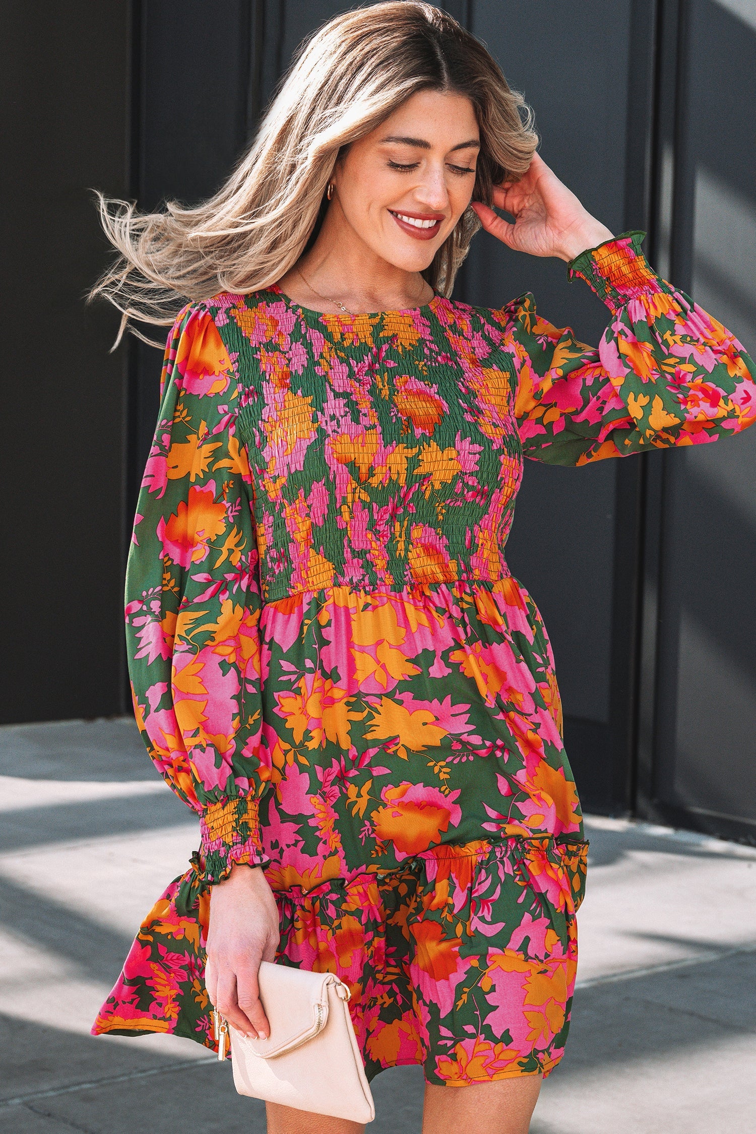 Floral Smocked Ruffle Hem Long Sleeve Mini Dress