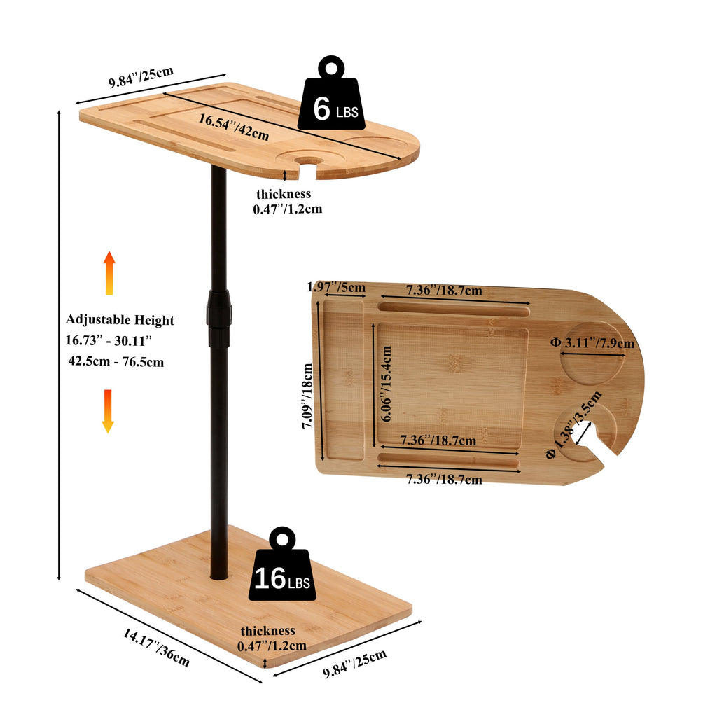 Couch Tray Table Bamboo Height Adjustable Side Table for Sofa C-shaped Oval End Tables with Slots for Bed & Chairs in Living Room & Bedroom (Oval + Rectangle)