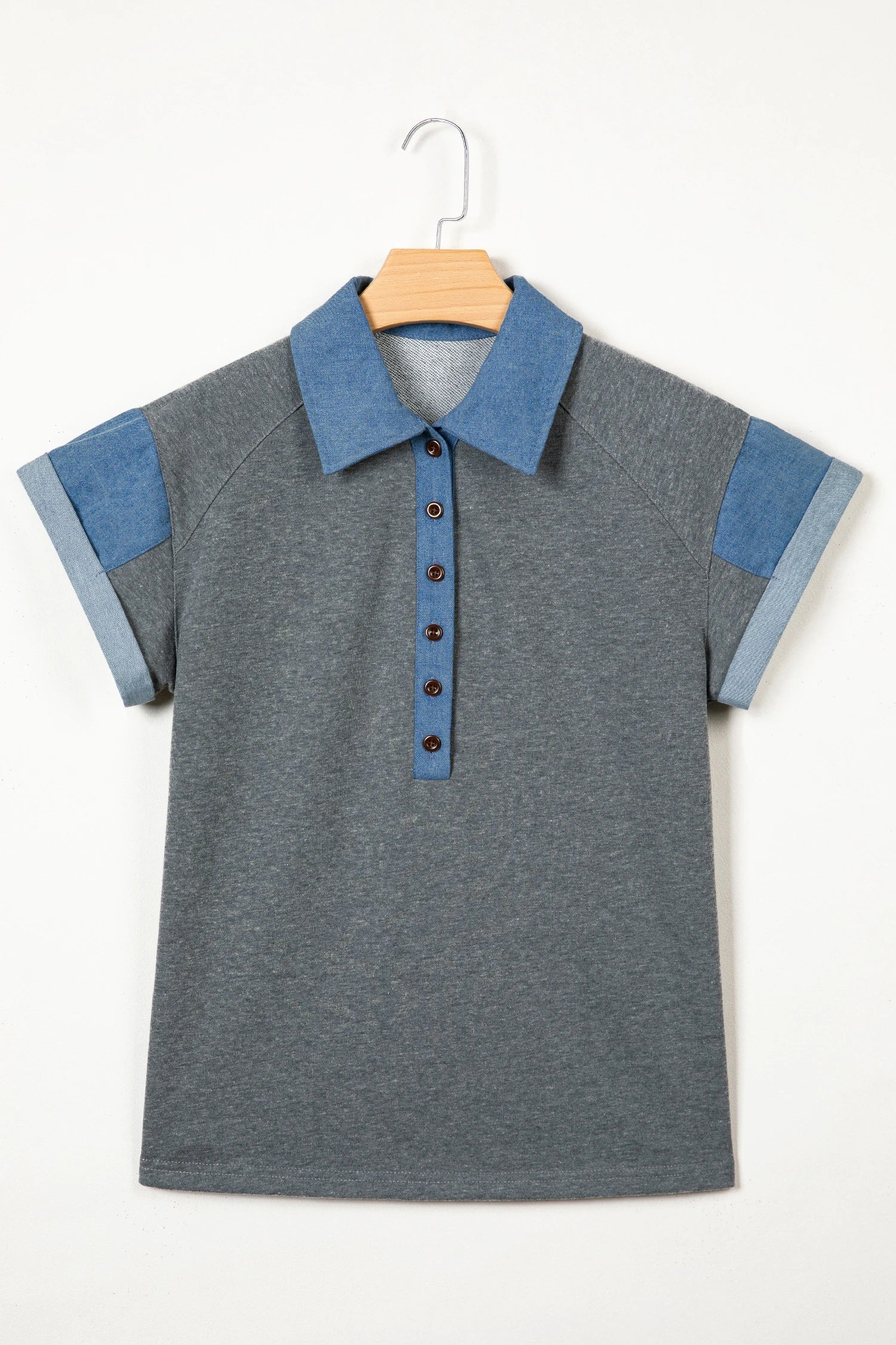 Colorblock Denim Patchwork Shirt Collar Blouse