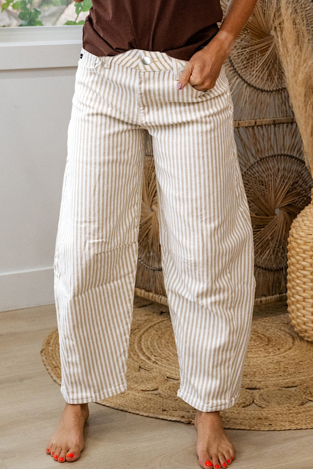 Stripe Denim High Waist Barrel Leg Jeans